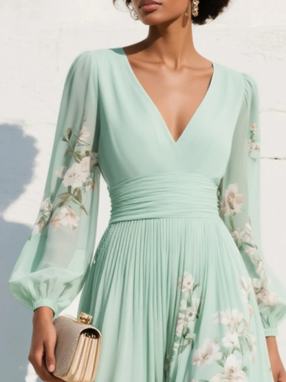 V-Neck Balloon Sleeve Floral Midi Dress for Women