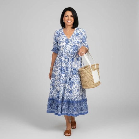 V-Neck Floral Print Tiered Midi Dress for Women
