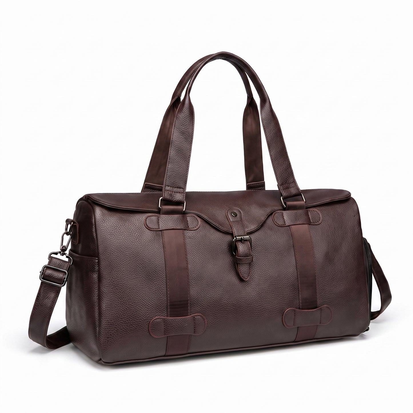 Leather Duffel Bag with Supportive Weekender Design and Buckle Closure - Brown