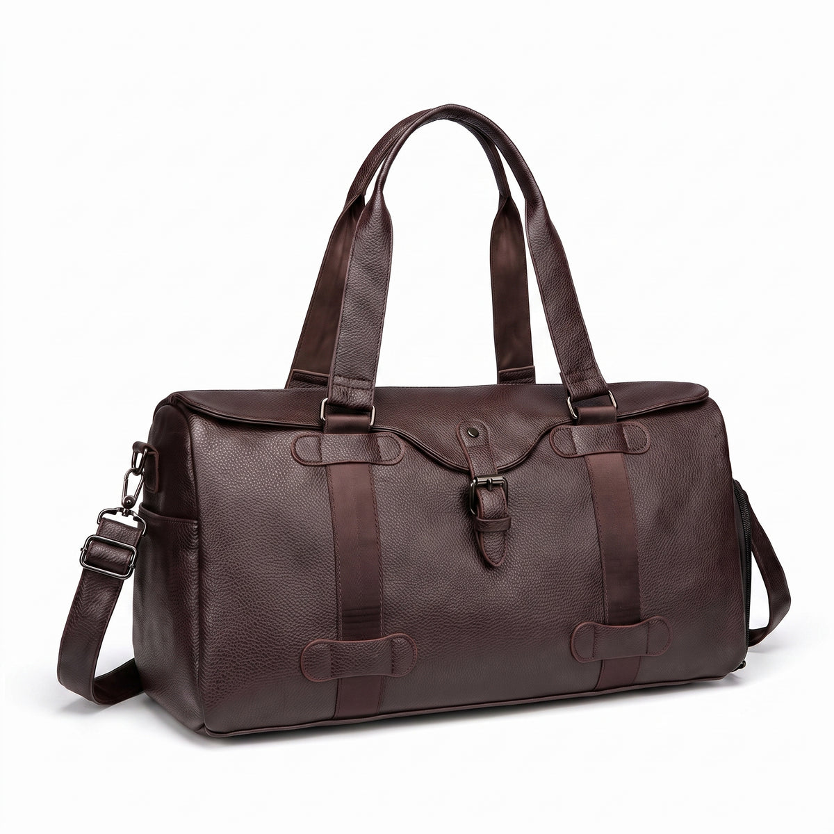 Leather Duffel Bag with Supportive Weekender Design and Buckle Closure - Brown