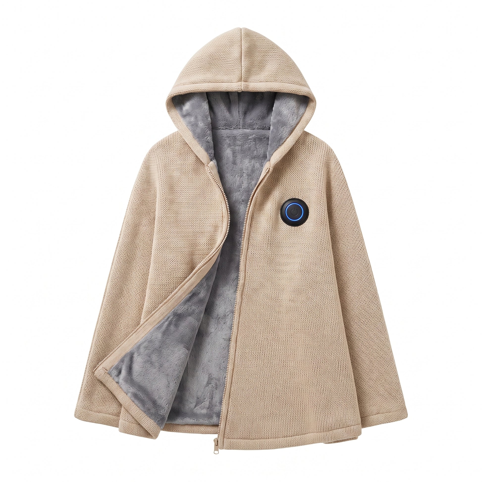Wearable Heated Blanket with Supportive Poncho Wrap and Zip-Front - Khaki