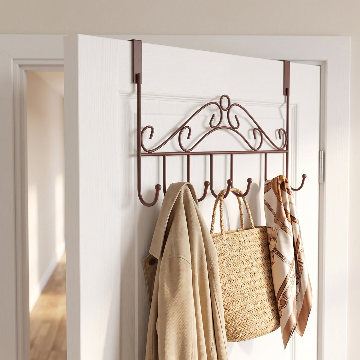 Wall Mounted Coat Rack with Adjustable Over-the-Door Design and Hooked - White