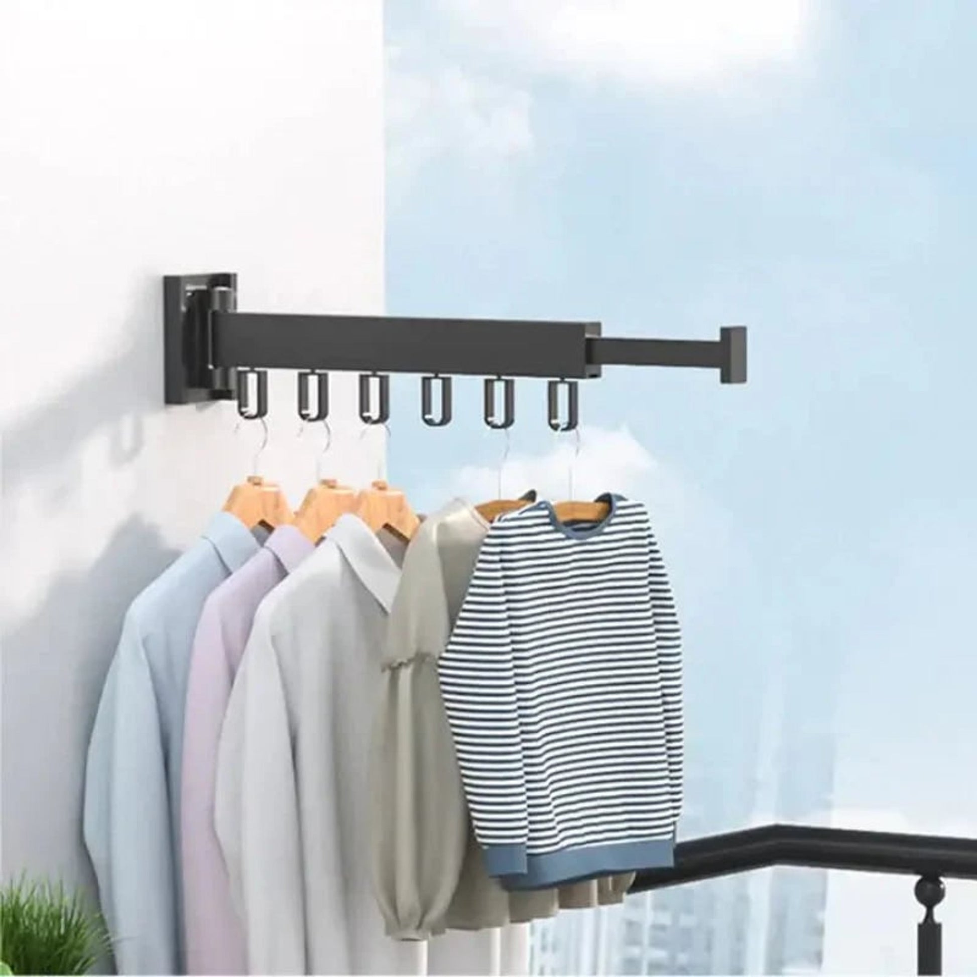Wall Mount Drying Rack Clothes Collapsible Extendable Design With Hooks - Image 1