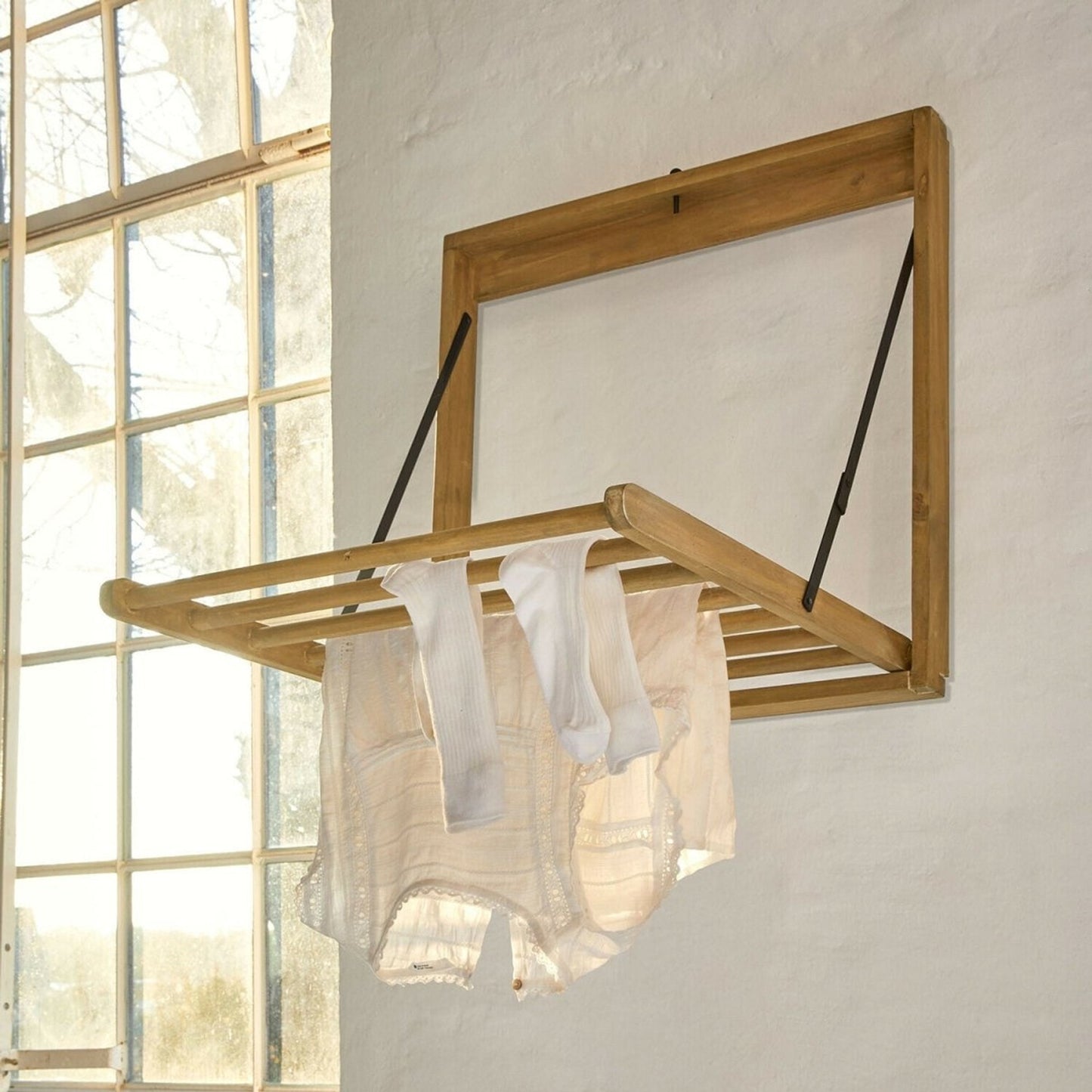 Wall Mounted Drying Rack Clothes Collapsible Wooden Foldable Mountable Laundry - Image 1