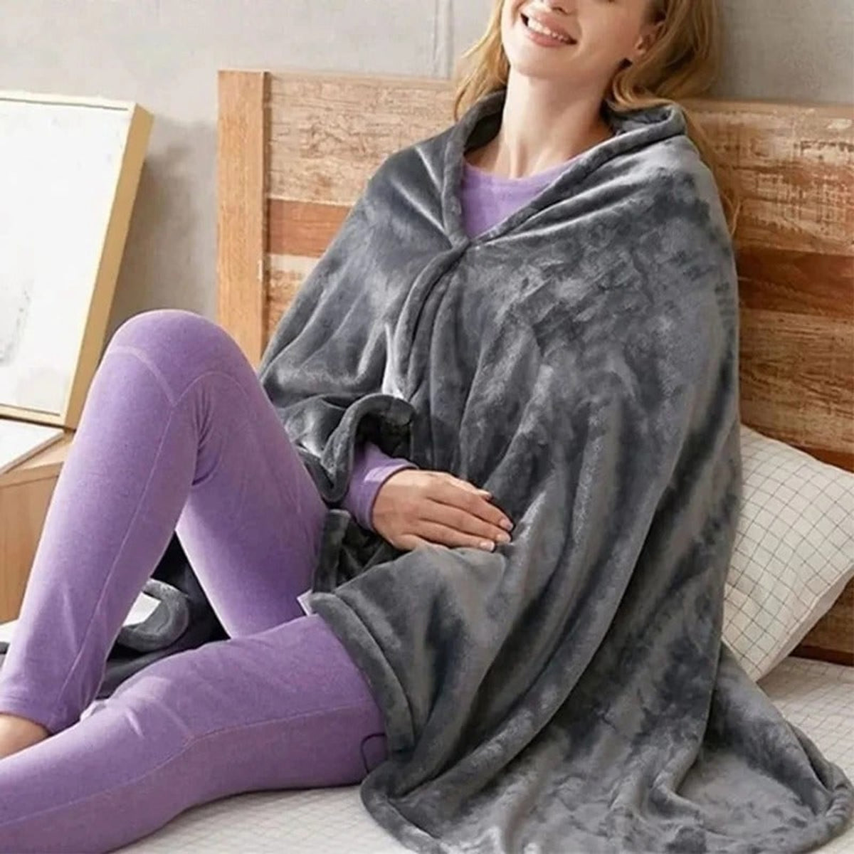 Wearable Heated Blanket Hooded Fleece Throw - Image 1
