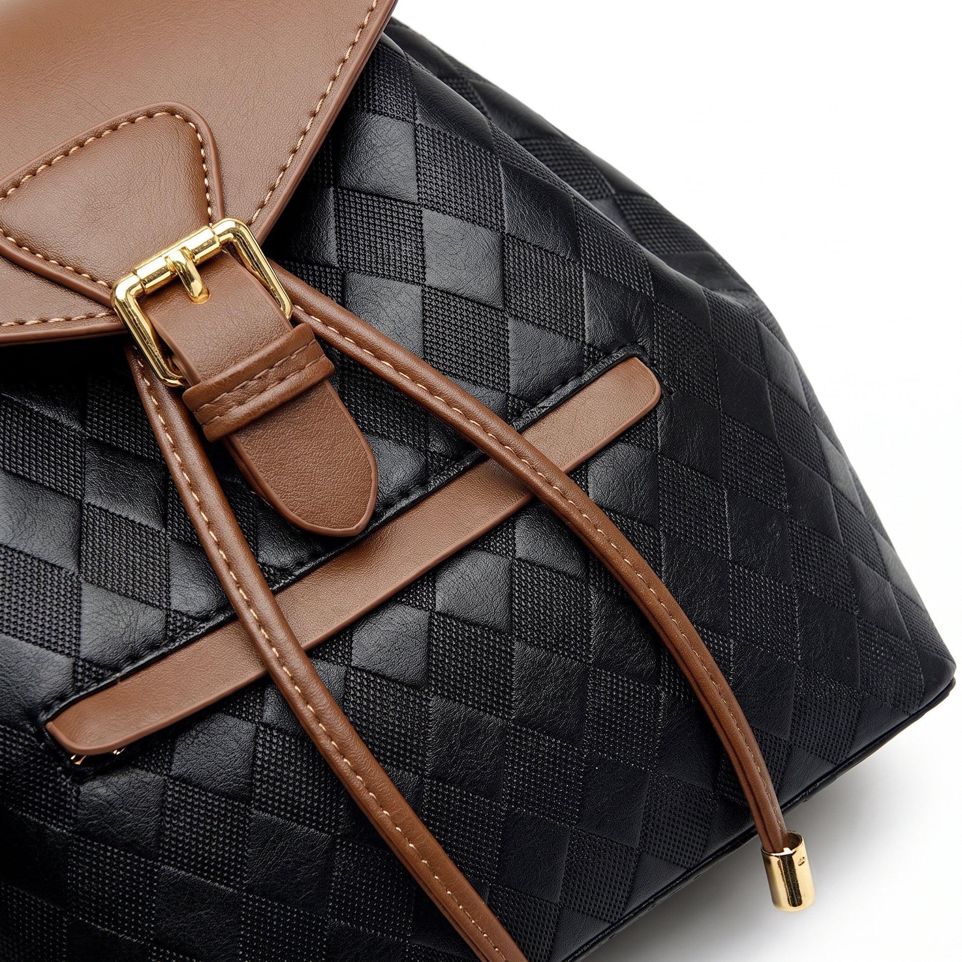 Backpack Stylish Drawstring Flap Faux Leather - detail
