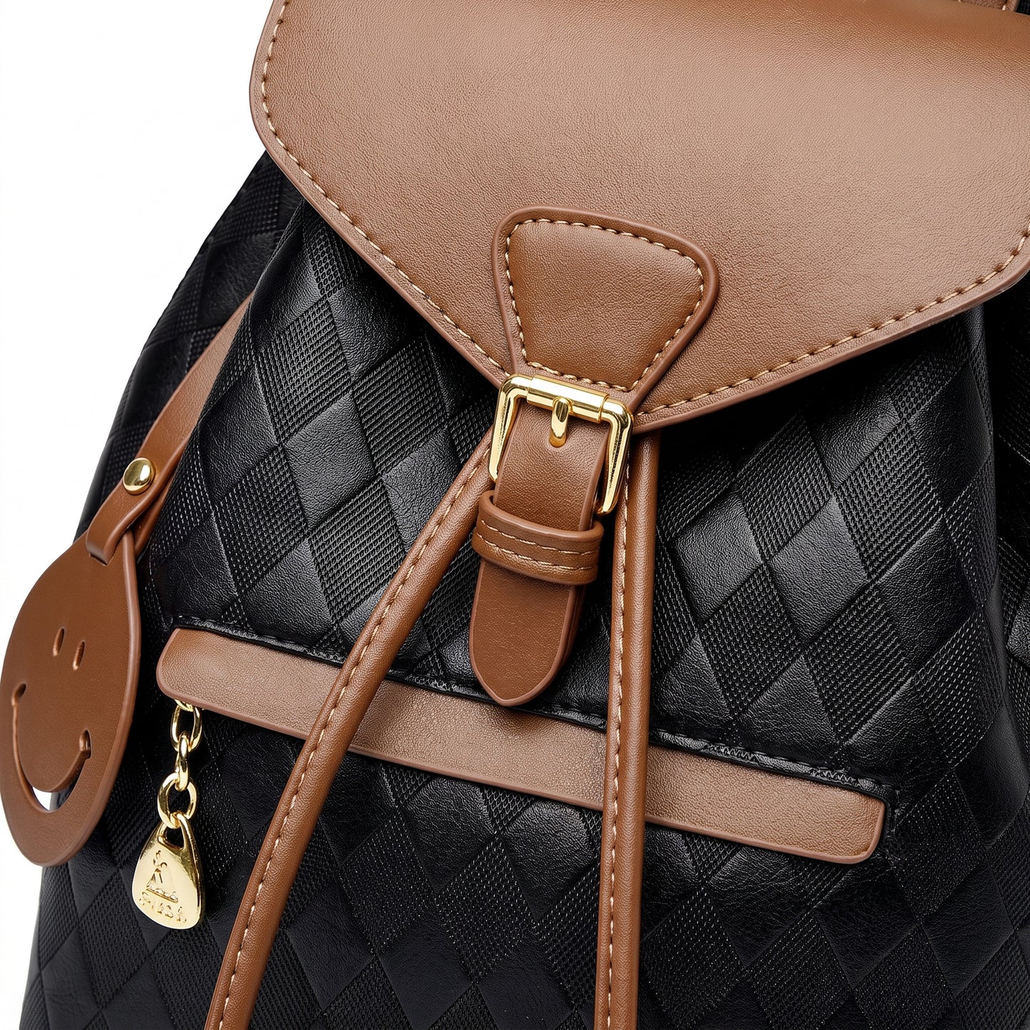 Backpack Stylish Drawstring Flap Faux Leather - detail