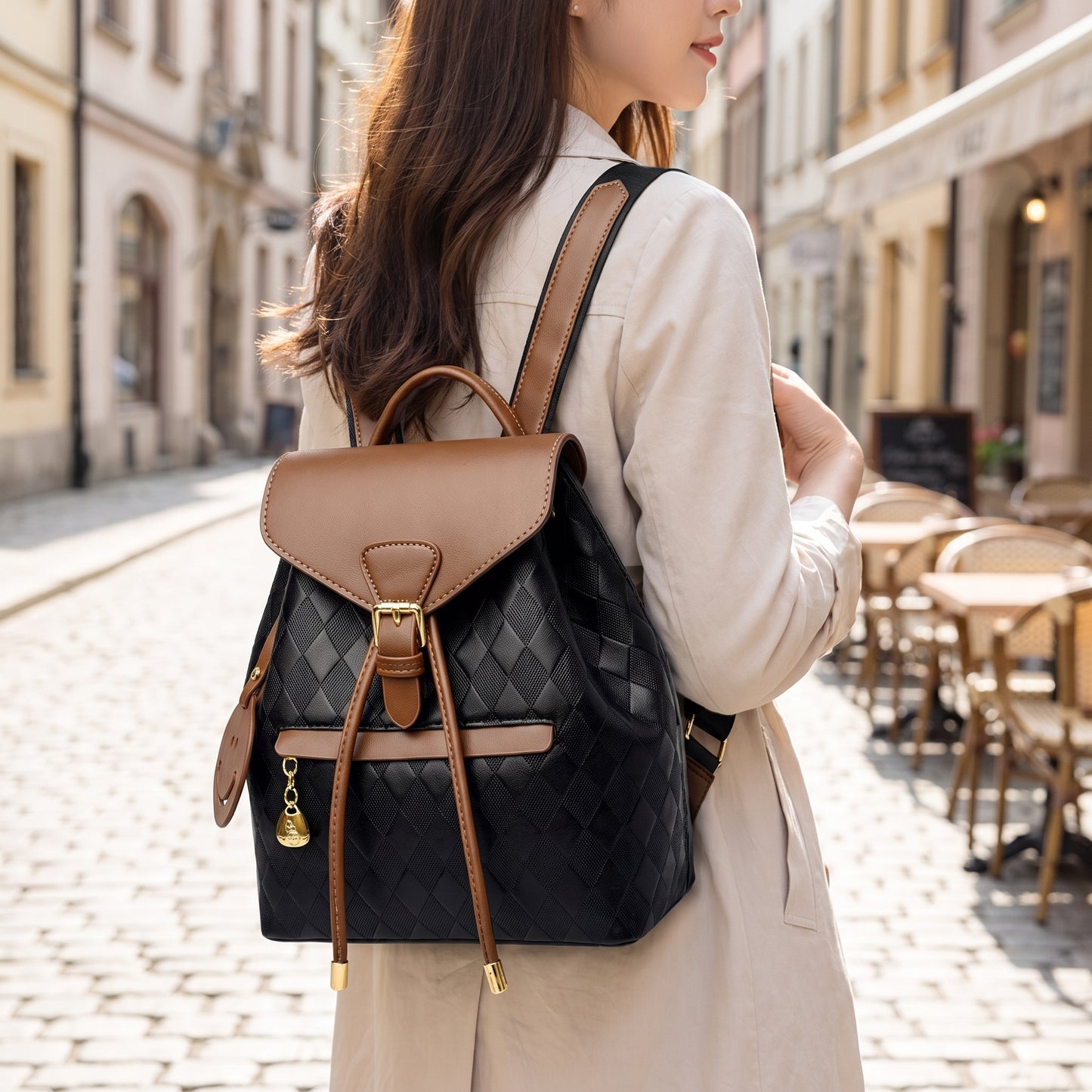 Backpack Stylish Drawstring Flap Faux Leather - hero