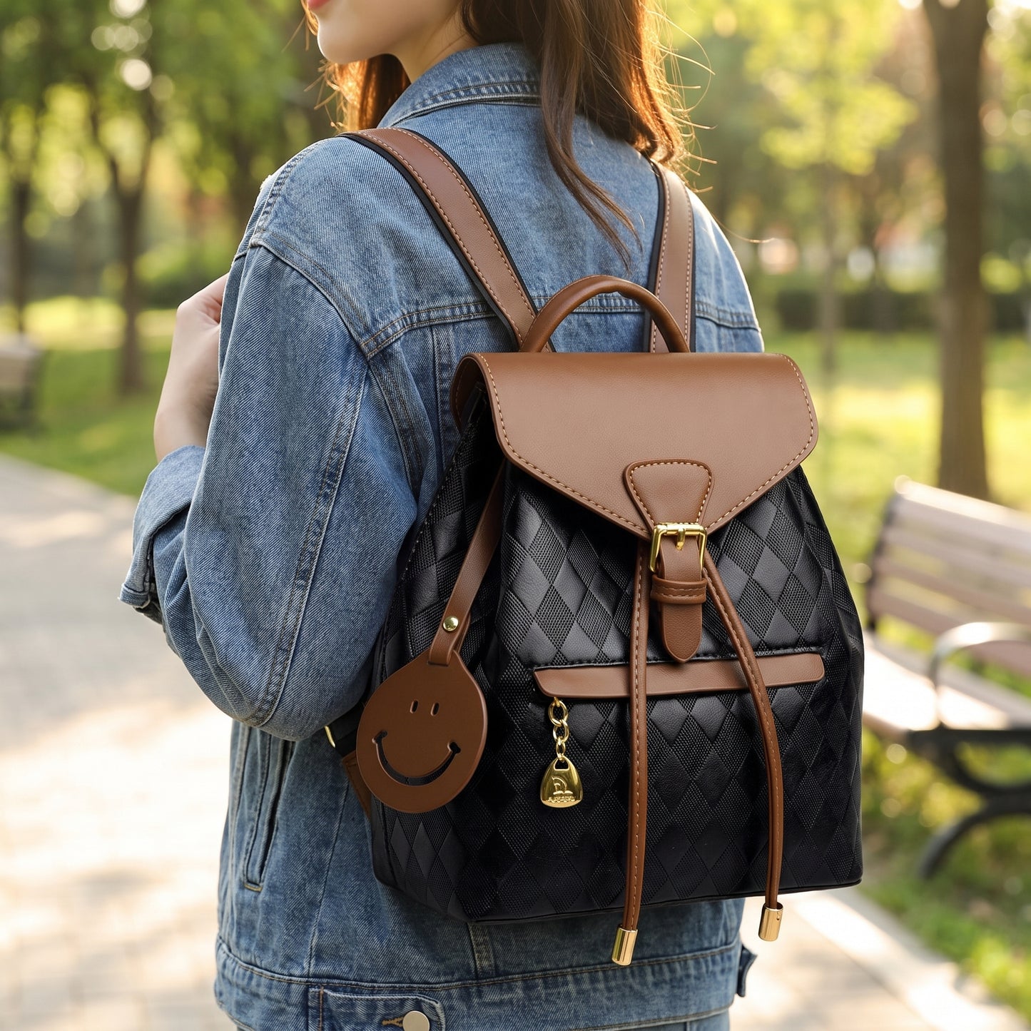 Backpack Stylish Drawstring Flap Faux Leather - hero