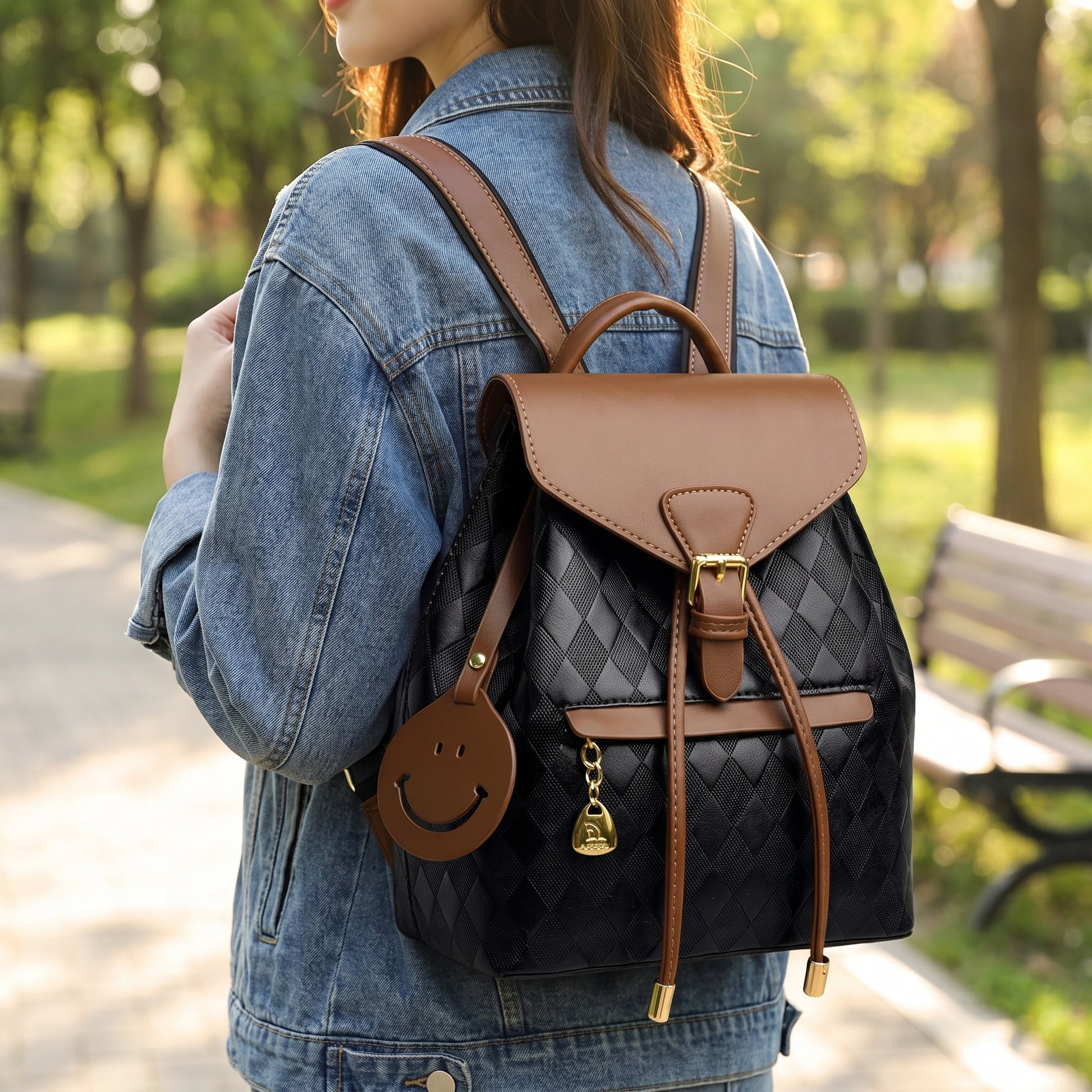 Backpack Stylish Drawstring Flap Faux Leather - hero