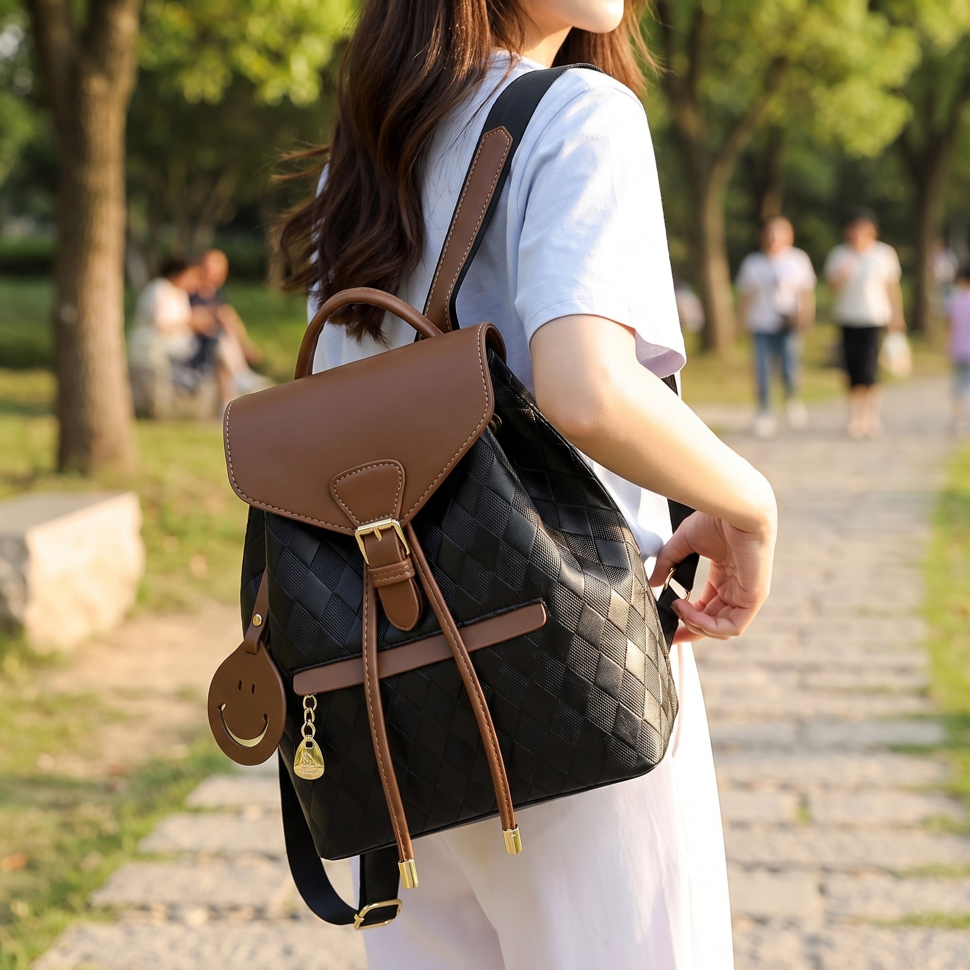 Backpack Stylish Drawstring Flap Faux Leather - hero