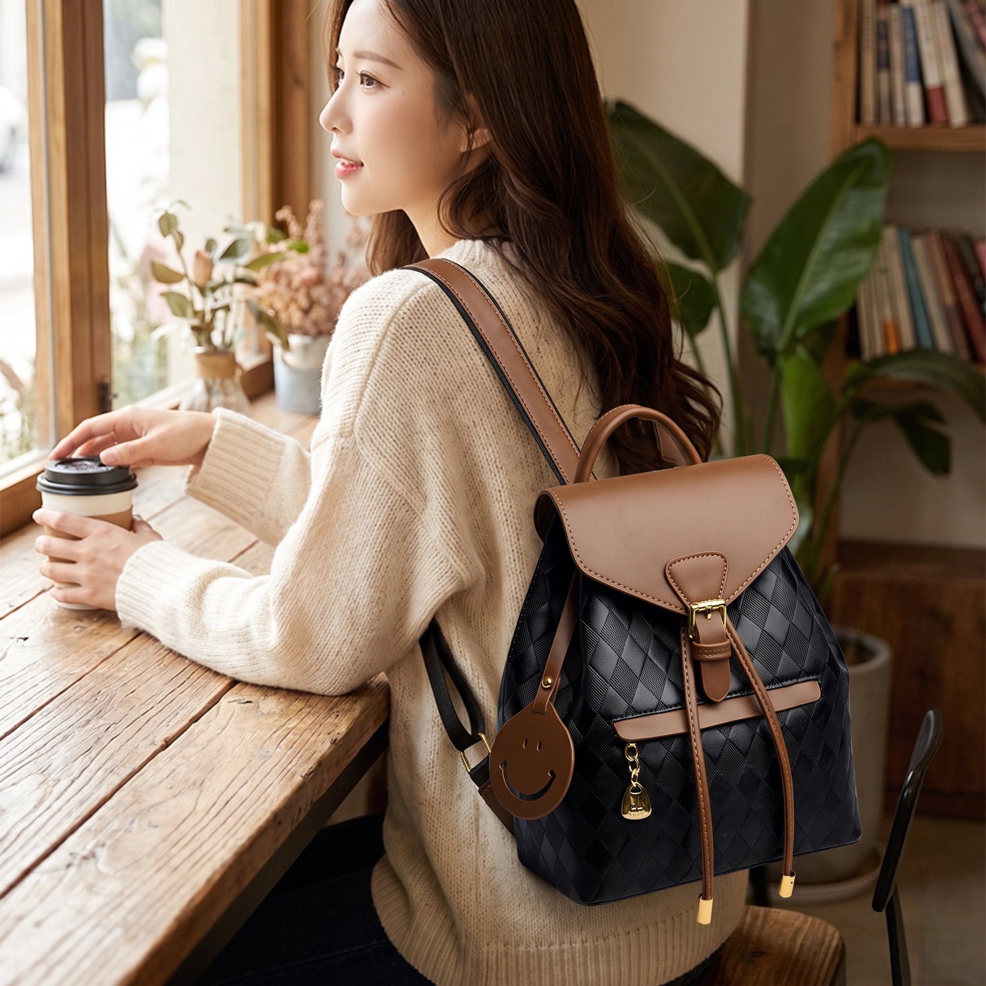 Backpack Stylish Drawstring Flap Faux Leather - in-use