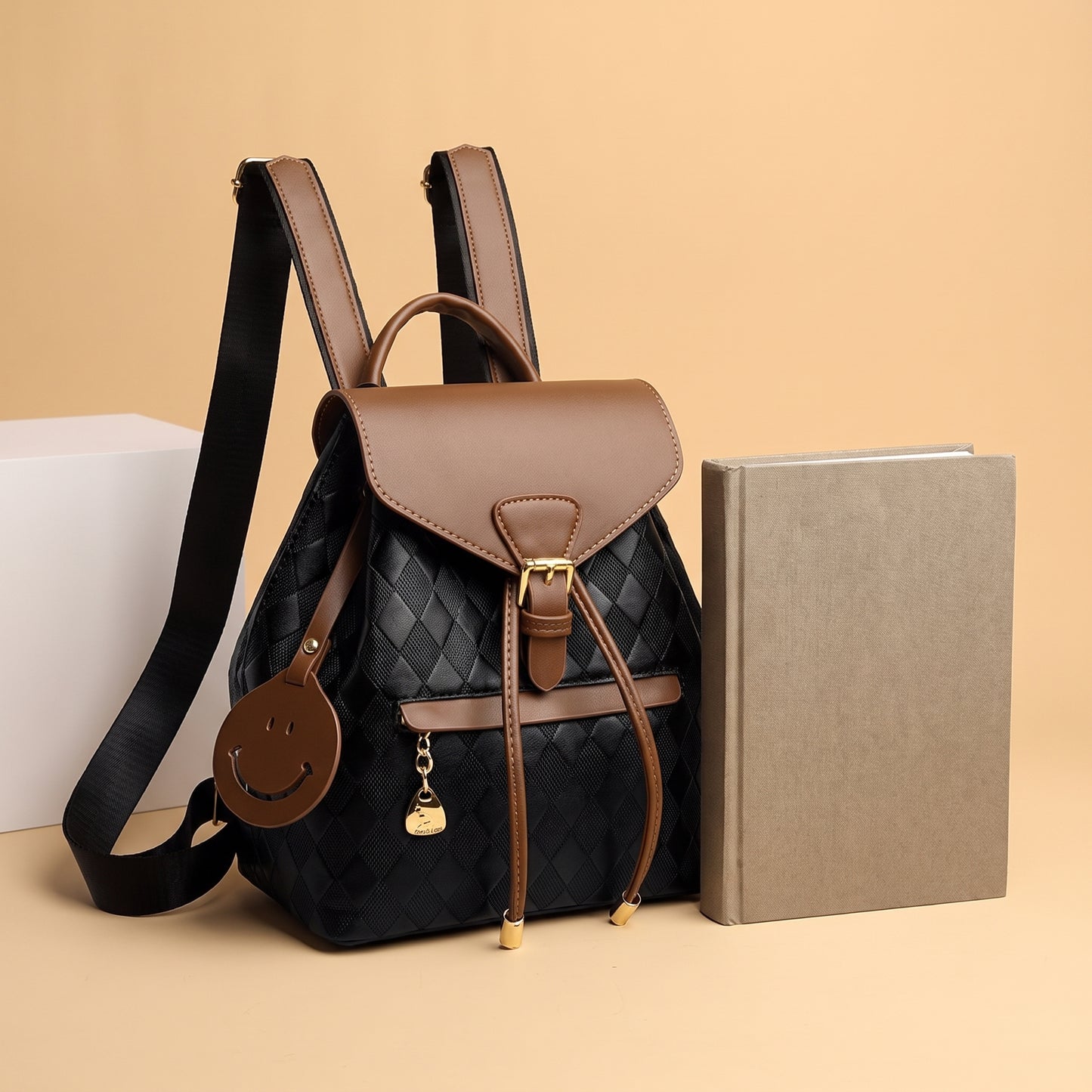 Backpack Stylish Drawstring Flap Faux Leather - scale