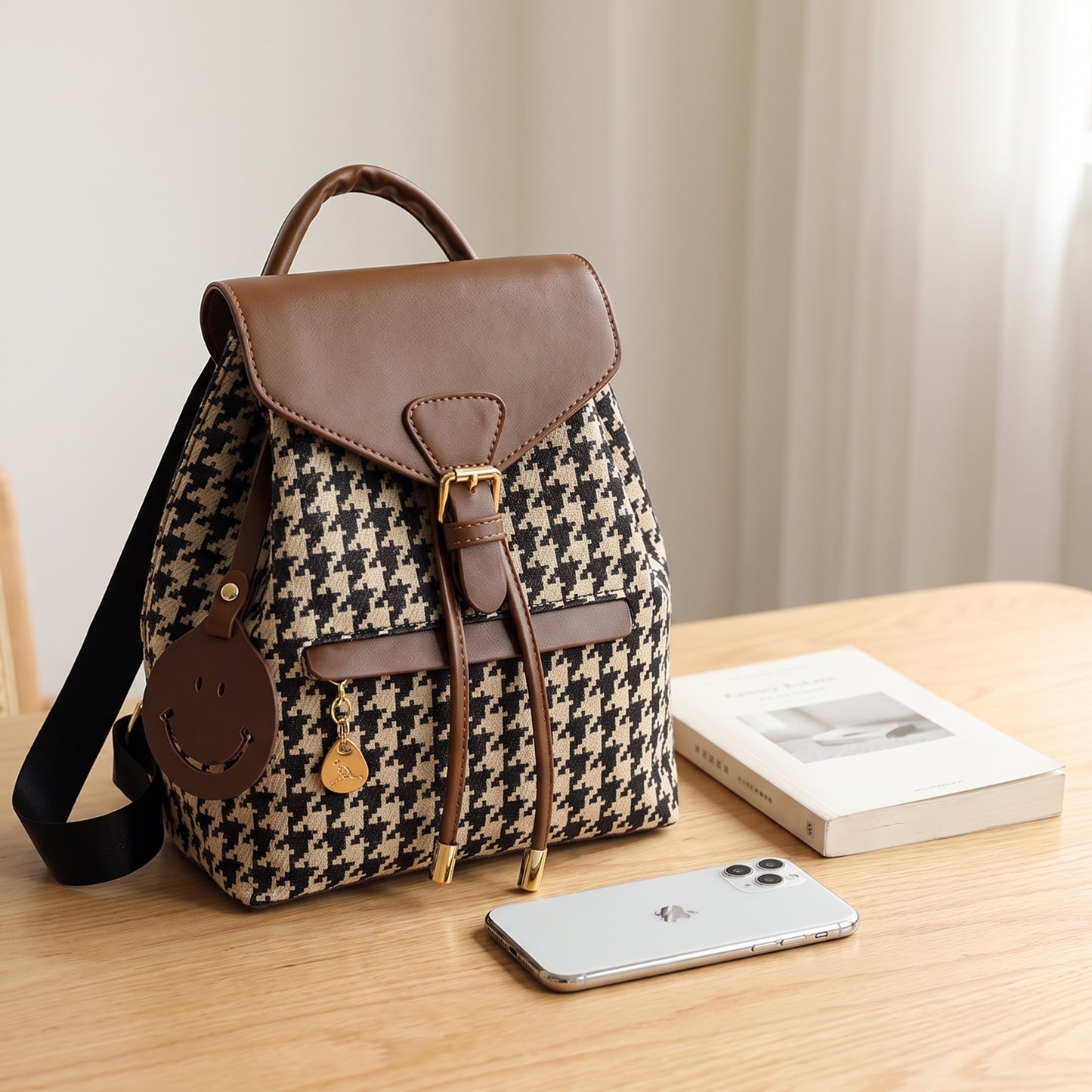 Backpack Stylish Drawstring Flap Faux Leather - scale