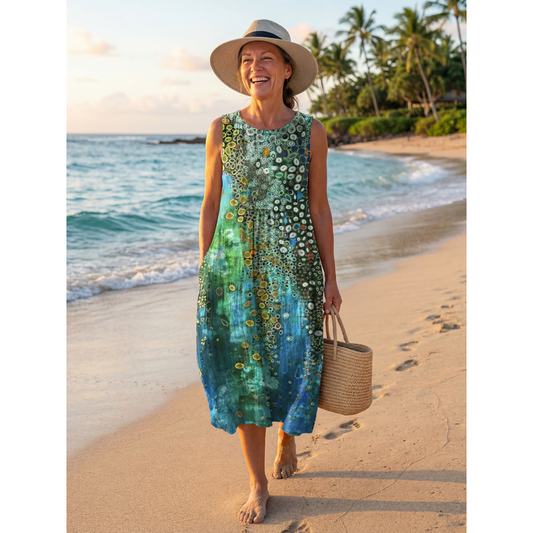 Women's Blue Green Abstract Print Midi Dress | Sleeveless Casual Dress - Image 1