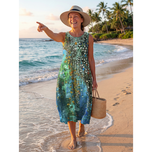 Women's Blue Green Abstract Print Midi Dress | Sleeveless Casual Dress - Image 2