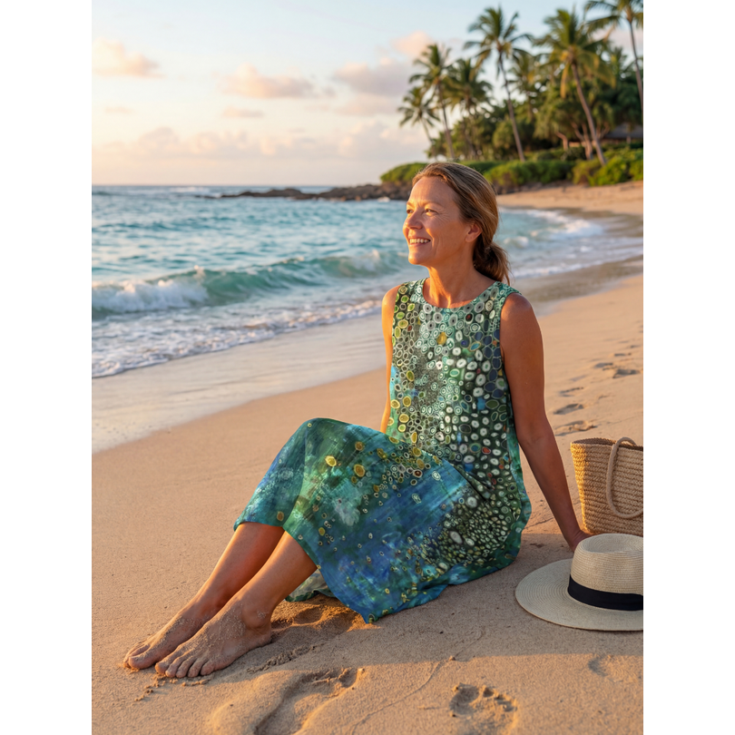 Women's Blue Green Abstract Print Midi Dress | Sleeveless Casual Dress - Image 3