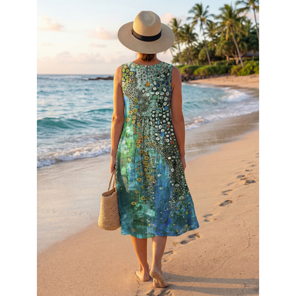 Women's Blue Green Abstract Print Midi Dress | Sleeveless Casual Dress - Image 5