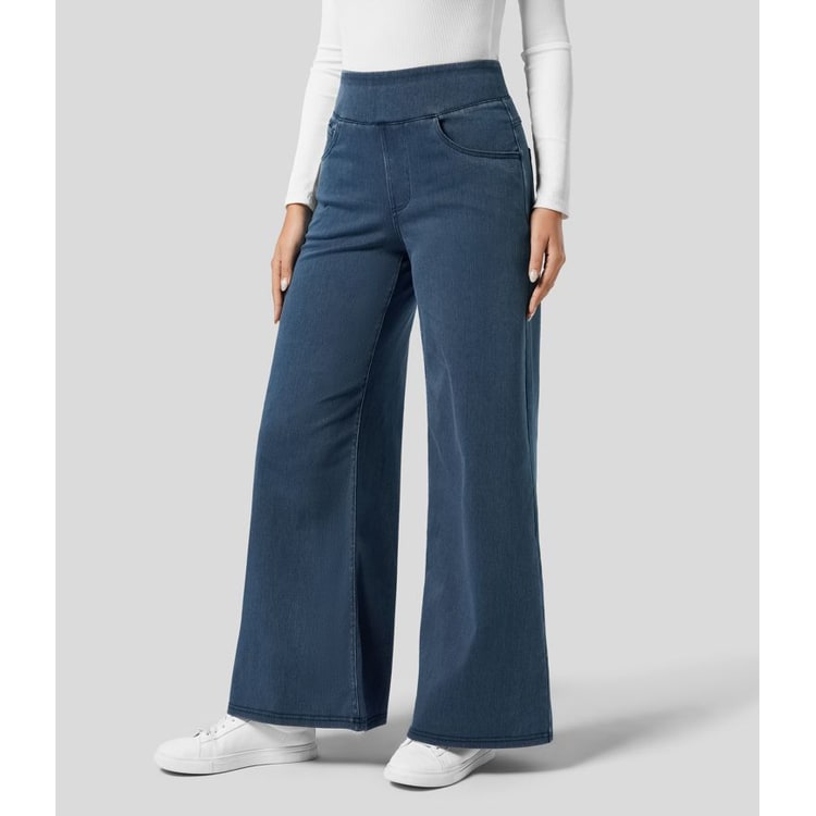 Women's Blue High Waisted Wide Leg Pants | Pull-On Style - Image 1