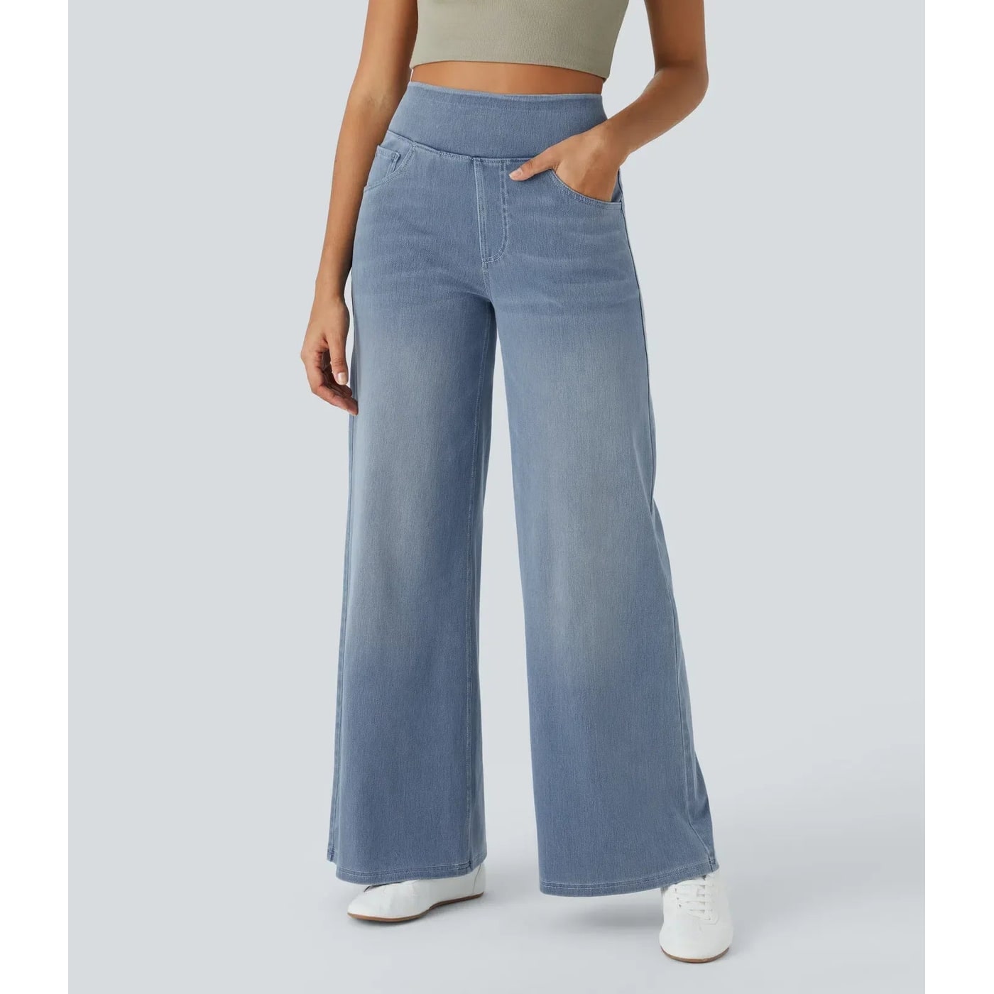 Women's Blue High Waisted Wide Leg Pants | Pull-On Style - Image 16