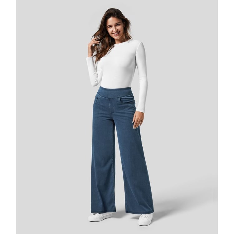 Women's Blue High Waisted Wide Leg Pants | Pull-On Style - Image 5