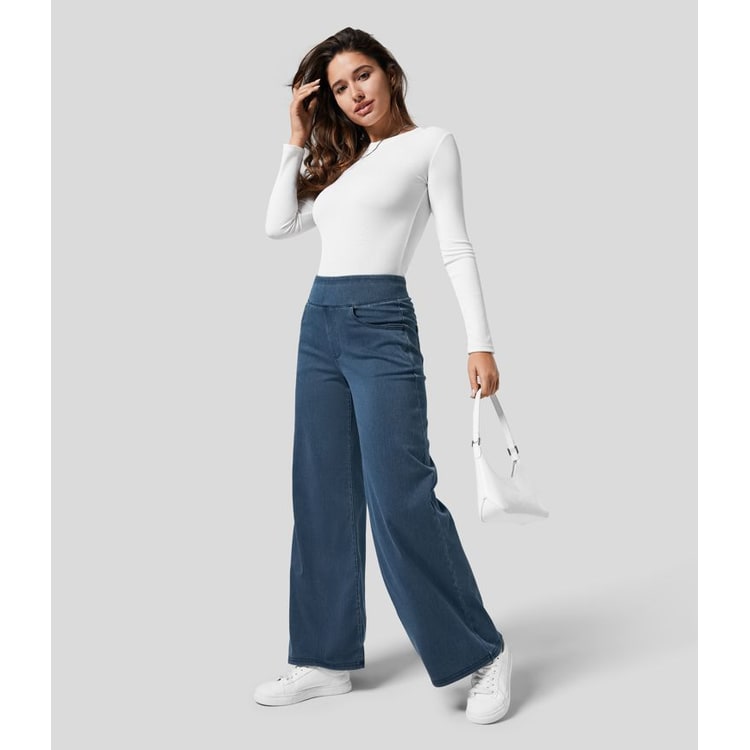Women's Blue High Waisted Wide Leg Pants | Pull-On Style - Image 6