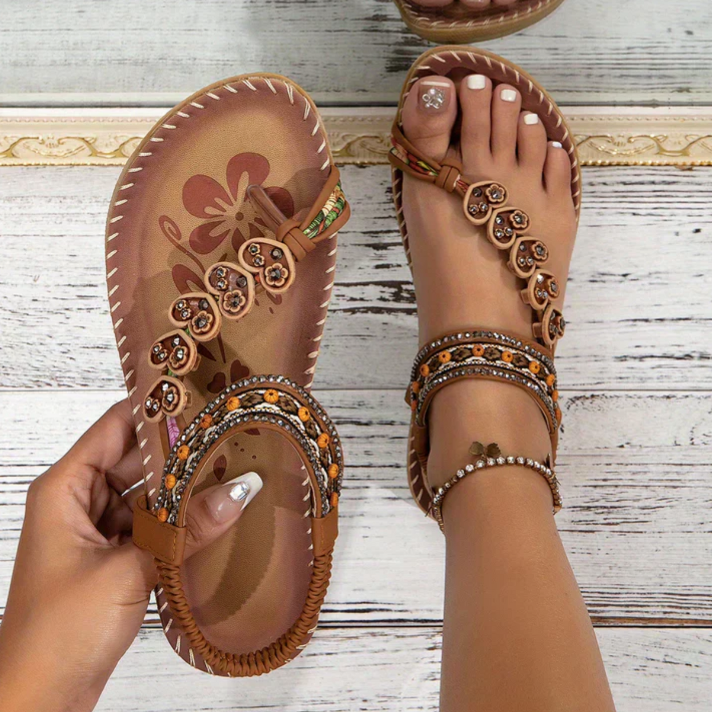 Women's Boho Embellished Ankle Strap Summer Flat Sandals