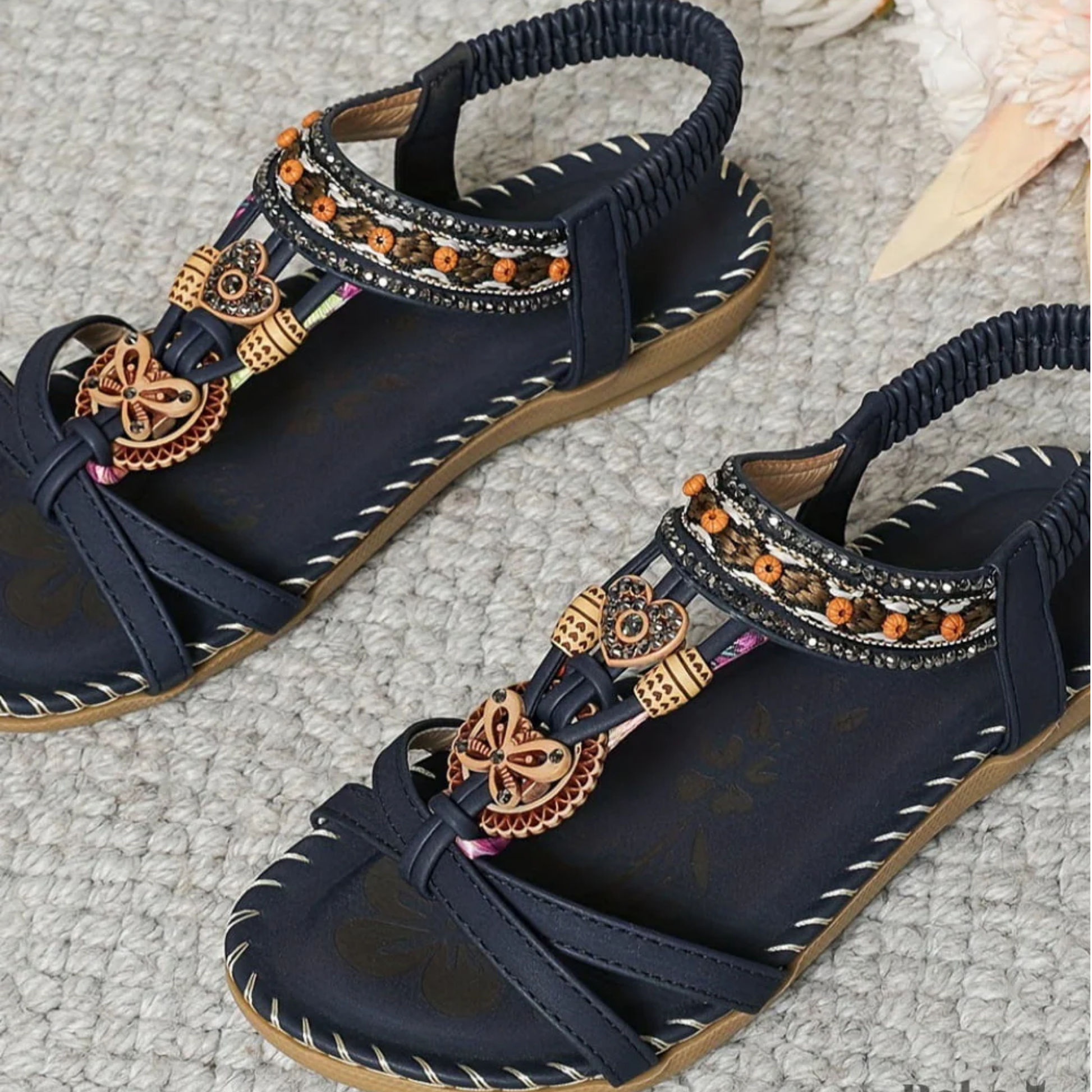 Women's Boho Embellished Ankle Strap Summer Flat Sandals