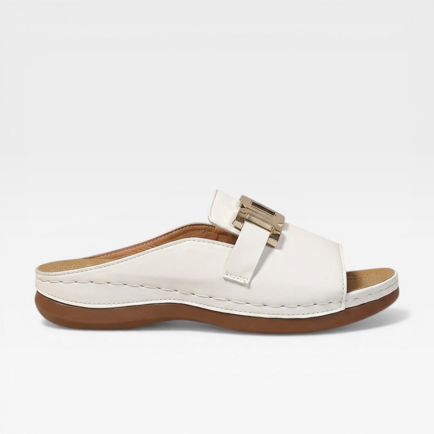 Women's Buckle Sandals White And Brown With Gold-tone Buckle - Image 1