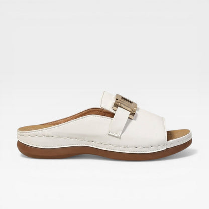 Women's Buckle Sandals White And Brown With Gold-tone Buckle - Image 1