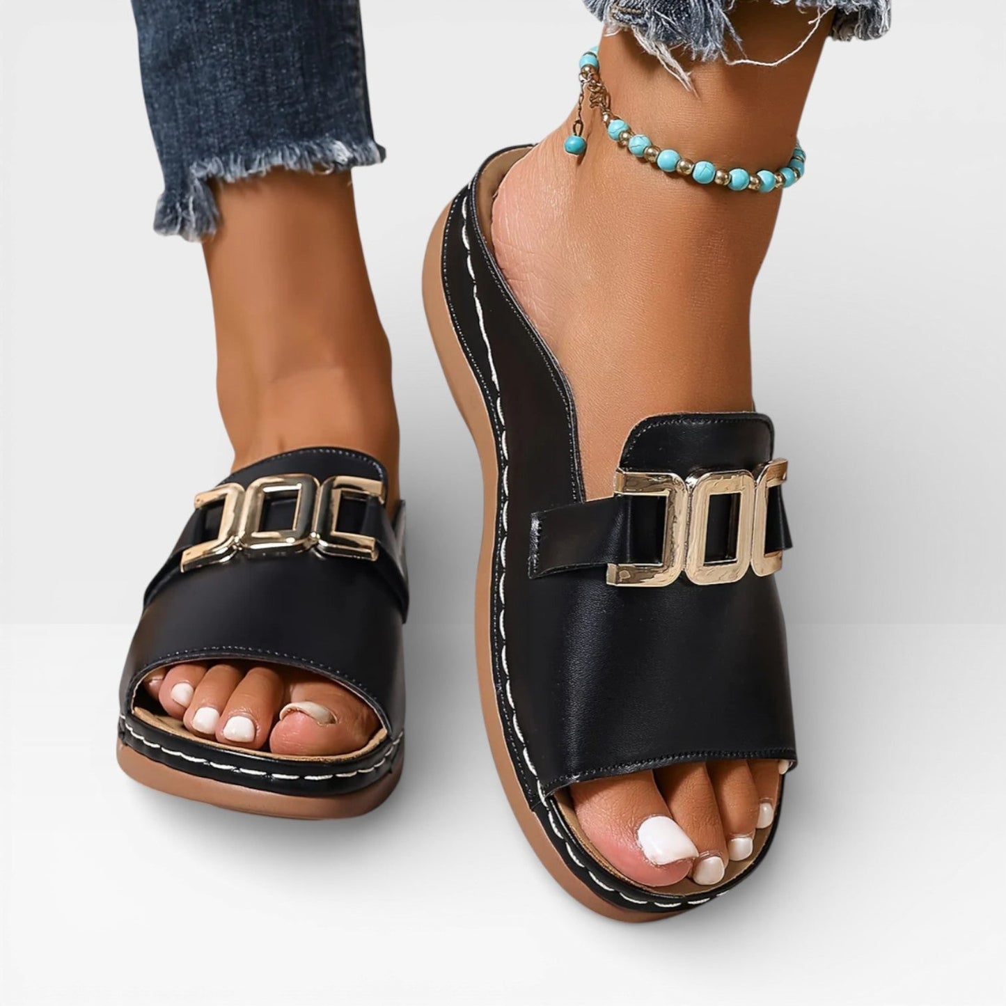 Women's Buckle Sandals White And Brown With Gold-tone Buckle - Image 11