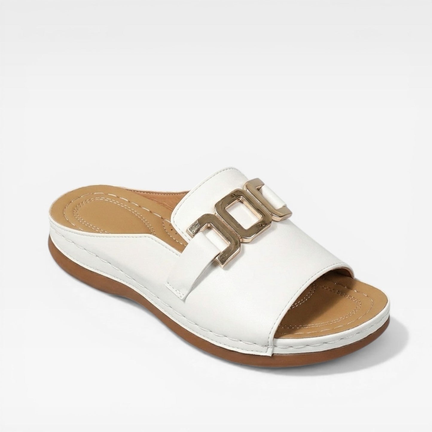 Women's Buckle Sandals White And Brown With Gold-tone Buckle - Image 2