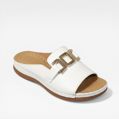 Women's Buckle Sandals White And Brown With Gold-tone Buckle - Image 2