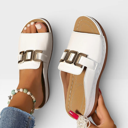 Women's Buckle Sandals White And Brown With Gold-tone Buckle - Image 5