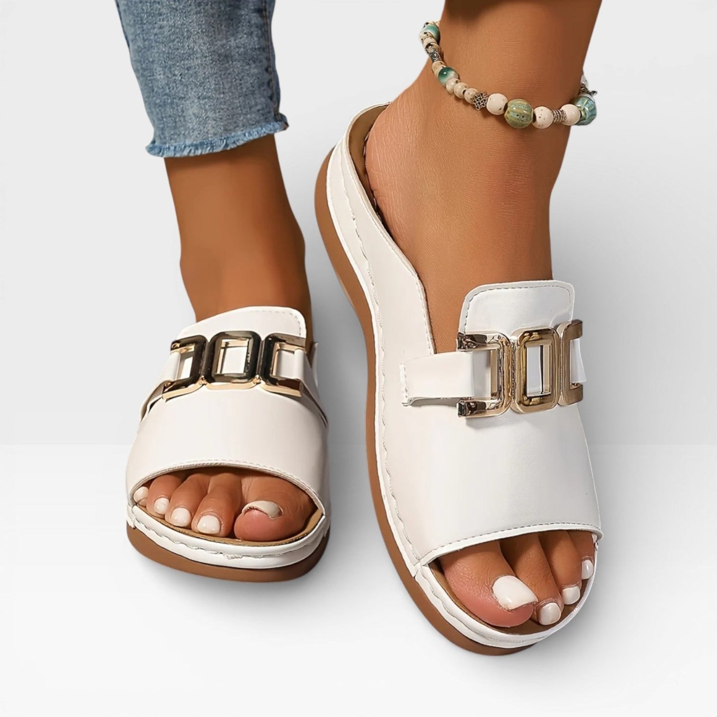 Women's Buckle Sandals White And Brown With Gold-tone Buckle - Image 6