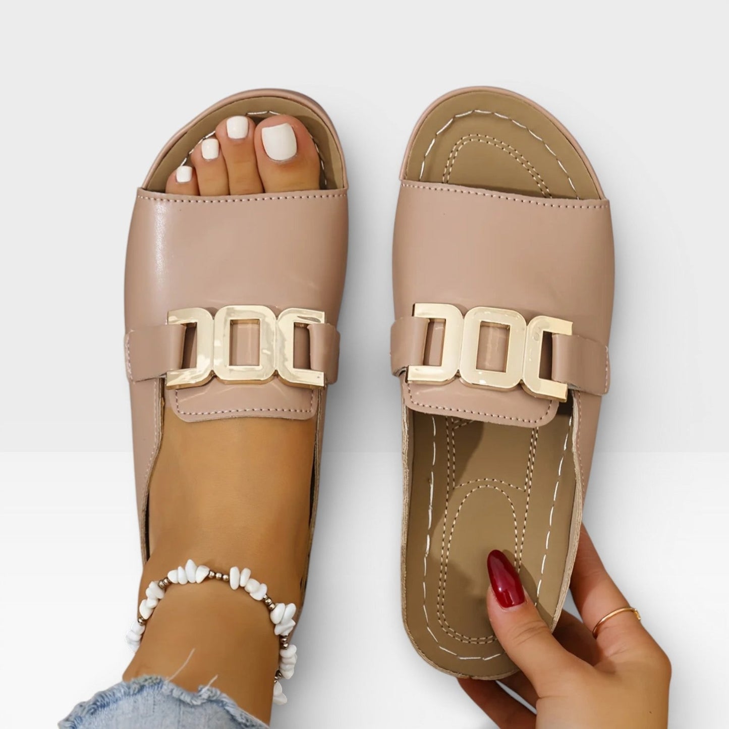 Women's Buckle Sandals White And Brown With Gold-tone Buckle - Image 8