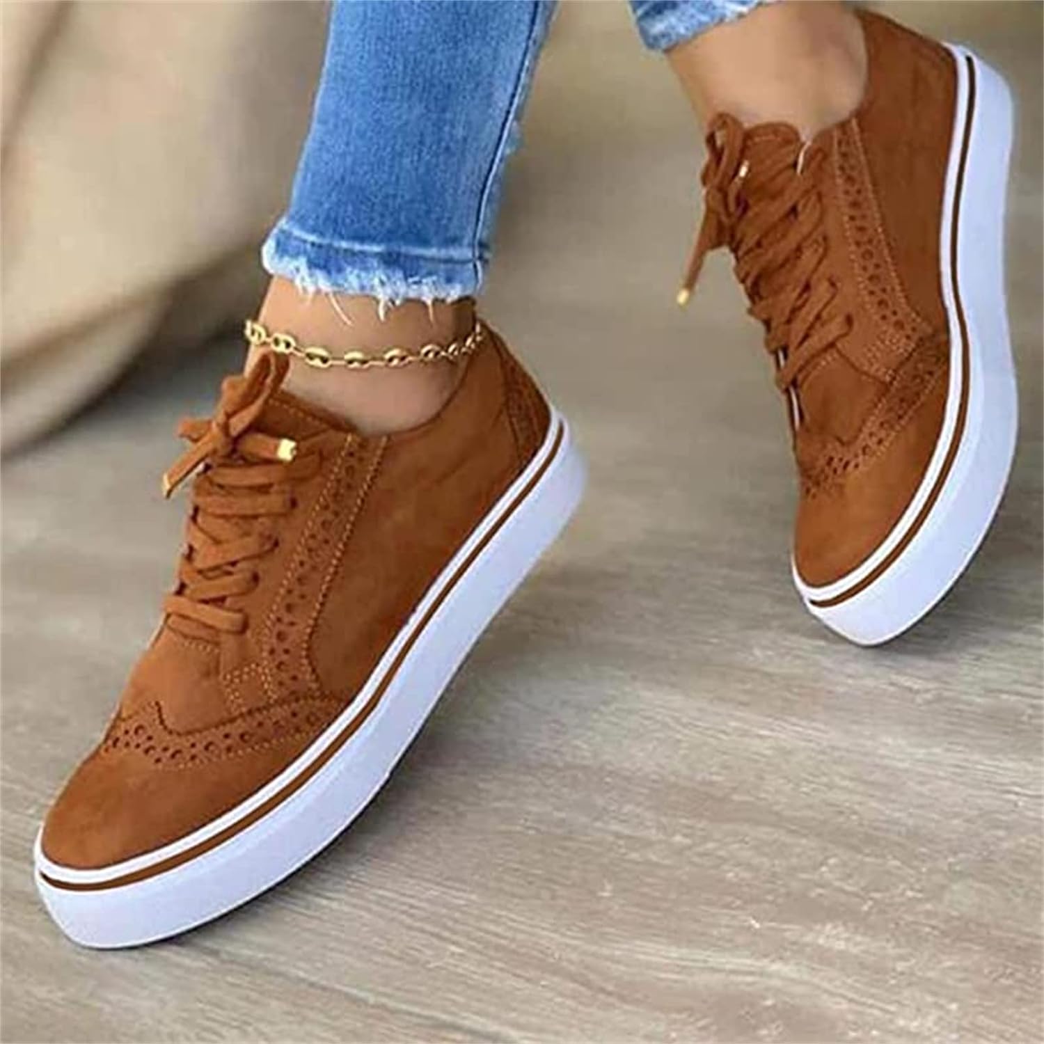 Women's Casual Brogue Detail Platform Lace-Up Trainer Shoes