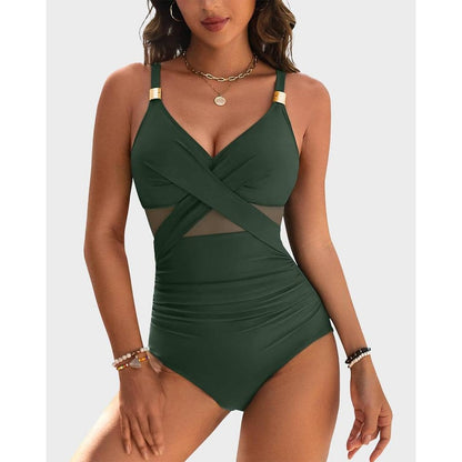 Women's Dark Green Criss-Cross One Piece Swimsuit | Adjustable Strap - Image 1