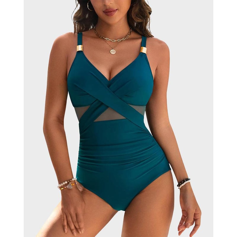 Women's Dark Green Criss-Cross One Piece Swimsuit | Adjustable Strap - Image 3