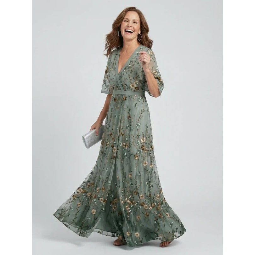 Women's Floral Maxi Dress V-Neck Short Sleeve | Spring Occasion Dress - Image 1