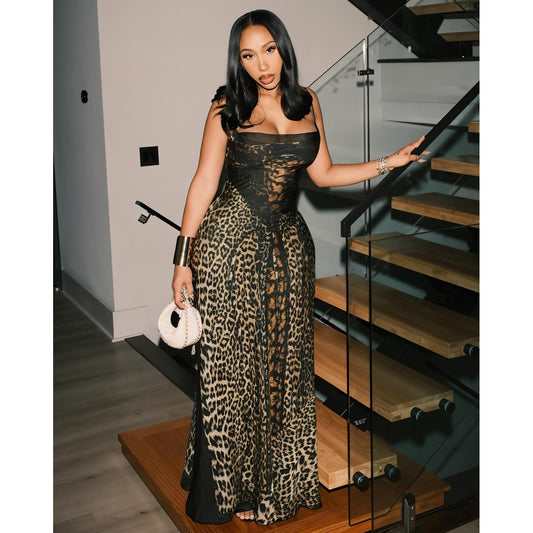 Women's Flowy Maxi Dress Leopard Print | Lace-Up Bodice - Image 1