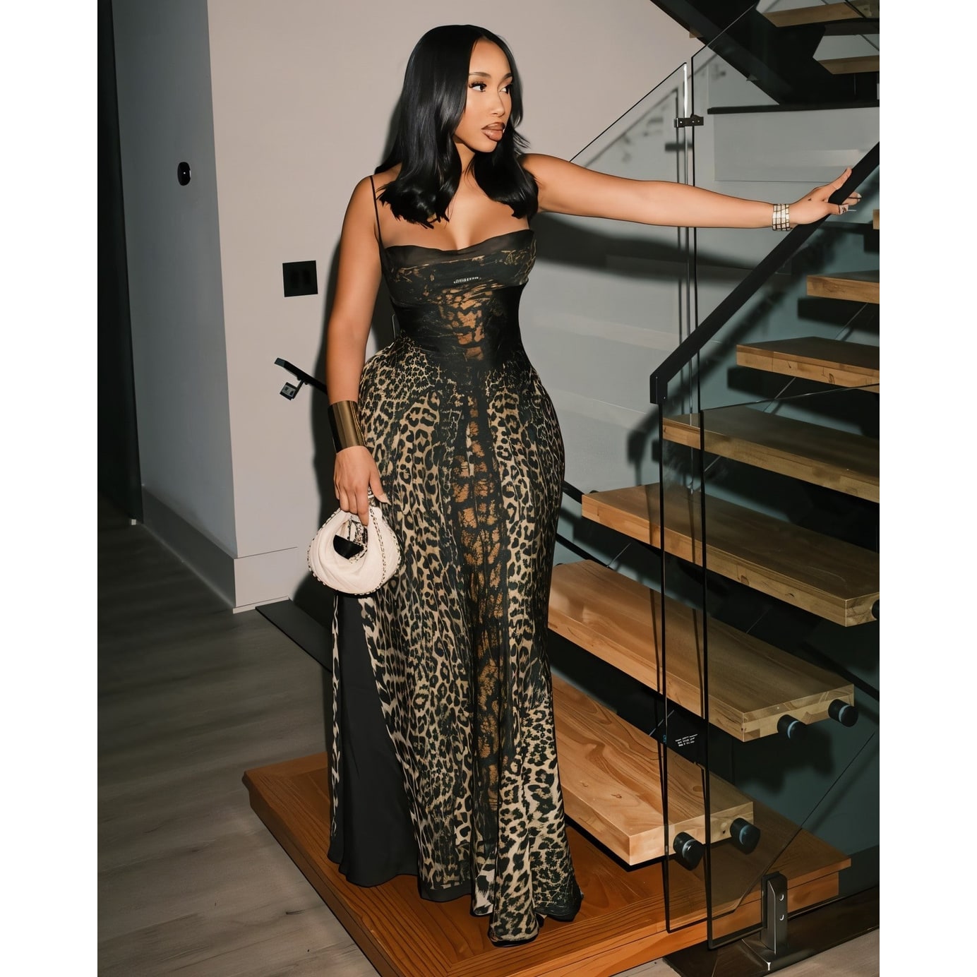 Women's Flowy Maxi Dress Leopard Print | Lace-Up Bodice - Image 3