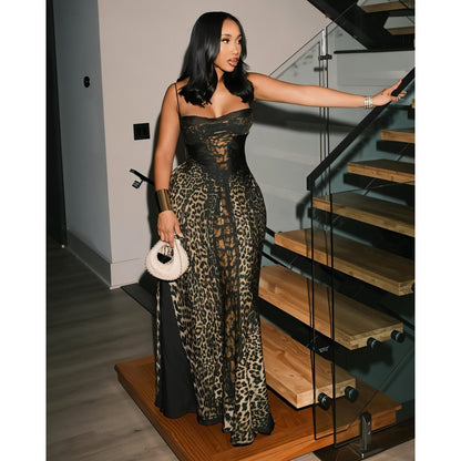Women's Flowy Maxi Dress Leopard Print | Lace-Up Bodice - Image 3