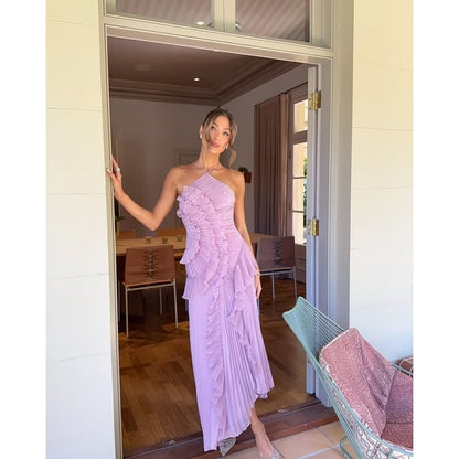 Women's Formal Dress Lavender Halter Neck Pleated Ruffled Maxi - Image 1