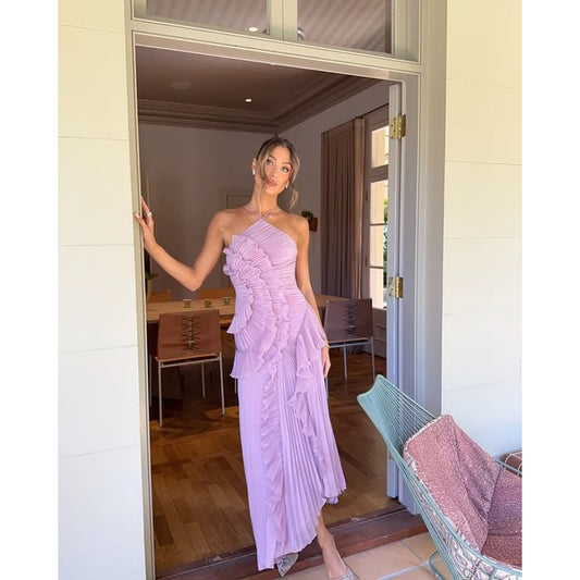 Women's Formal Dress Lavender Halter Neck Pleated Ruffled Maxi - Image 1
