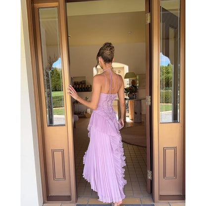 Women's Formal Dress Lavender Halter Neck Pleated Ruffled Maxi - Image 3