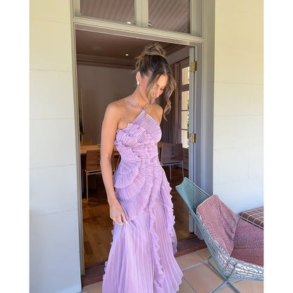 Women's Formal Dress Lavender Halter Neck Pleated Ruffled Maxi - Image 4