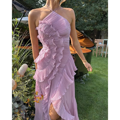Women's Formal Dress Lavender Halter Neck Pleated Ruffled Maxi - Image 5