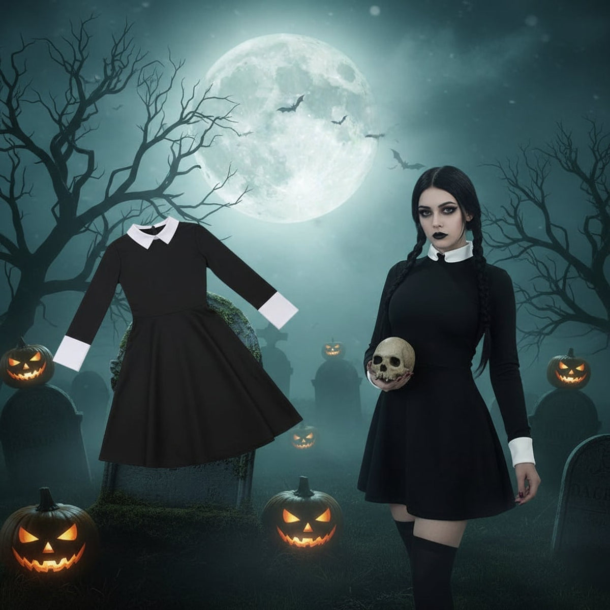 Women's Gothic Schoolgirl Halloween Costume With White Collar And Long Sleeves - Image 1