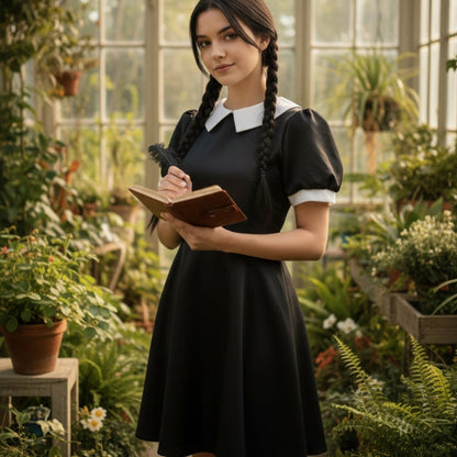 Women's Gothic Schoolgirl Halloween Costume With White Collar And Long Sleeves - Image 2